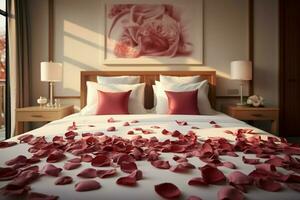 AI generated Romantic ambiance Rose petals scattered on a bed in a hotel room AI Generated photo