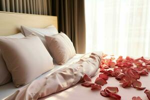 AI generated Romantic ambiance Rose petals scattered on a bed in a hotel room AI Generated photo