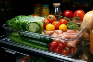 ai generado refrigerador encontrar recuperando un comida envase desde el refrigerador para un comida ai generado foto