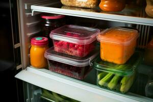 ai generado refrigerador encontrar recuperando un comida envase desde el refrigerador para un comida ai generado foto