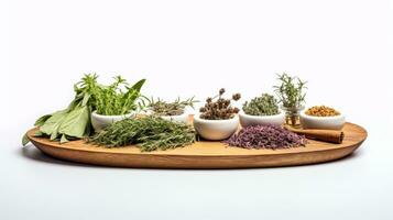 AI generated a wooden tray filled with various herbs and spices in small bowls and jars. photo