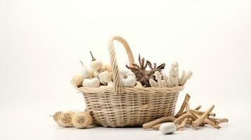 AI generated a basket filled with various types of mushrooms against a white background. photo