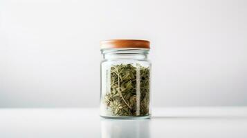 AI generated a jar of dried cannabis leaves on a white background. photo