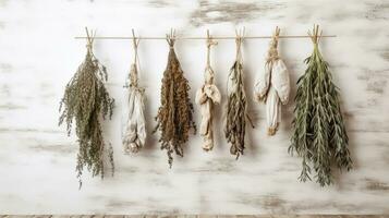 AI generated a collection of dried herbs hanging on a wooden wall. photo