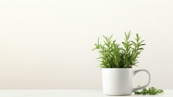 AI generated a white mug filled with green plants, possibly rosemary, on a white table against a beige background. photo