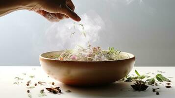 AI generated a hand sprinkling herbs over a bowl of steaming food. photo