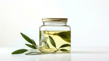 AI generated a jar of olive oil with olive leaves on a white background. photo