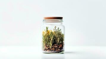 ai generado un vaso tarro lleno con plantas y especias en un blanco fondo, creando un rústico y natural decoración. foto
