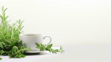 AI generated a white cup of tea filled with green herbs on a white background. photo