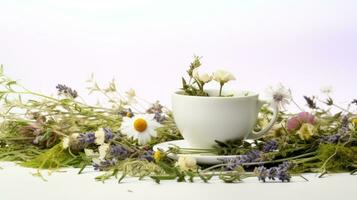 AI generated a white tea cup and saucer surrounded by various flowers and plants on a white background. photo