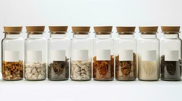 AI generated a row of glass jars with different spices and ingredients on a white background. photo