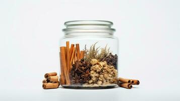 AI generated a jar filled with various spices and herbs, including cinnamon sticks and star anise, against a white background. photo