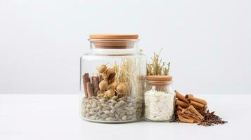 AI generated a collection of spices and herbs in glass jars on a white background. photo