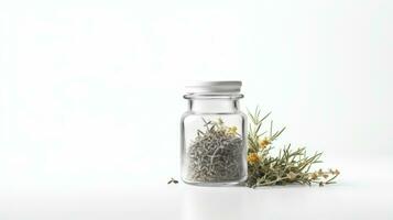 ai generado un vaso tarro con seco hierbas y flores en un blanco antecedentes. foto