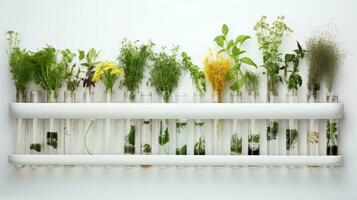 AI generated a white shelf with glass vases and plants on it. photo