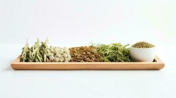 AI generated a wooden tray with various types of herbs and spices on it. photo