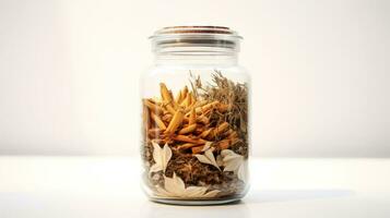 AI generated a jar of dried flowers and leaves on a white background. photo