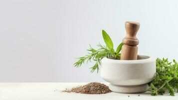 AI generated a mortar and pestle with herbs and spices on a white background. photo