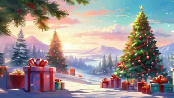 AI generated christmas trees, presents and snow in the winter video