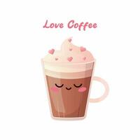 un taza de café en un dibujos animados estilo con crema y decorado con corazones. linda dibujos animados café en un san valentin día vector