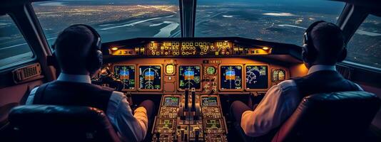 ai generado pilotos navegar el noche cielo terminado un paisaje urbano, guiado por el resplandor de aviación instrumentos foto