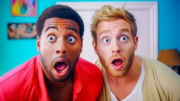 AI Generated two men gays with surprised expressions on their faces. Their eyes are wide open, mouths agape, and their poses suggest they are reacting to something unexpected. photo