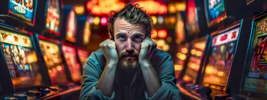 ai generado persona con un contemplativo expresión sentado en frente de un fila de vistoso espacio máquinas, capturar un momento de introspección en medio de el animado atmósfera de un casino foto