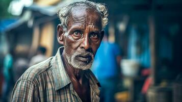 ai generado retrato de un más viejo hombre con un resistido rostro, profundo ojos, y un perforación mirada, evocando un sentido de vivido experiencia y Resiliencia foto