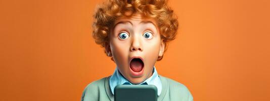 AI Generated Child with open mouth and mobile phone surprised by content or message on display, banner on orange background photo