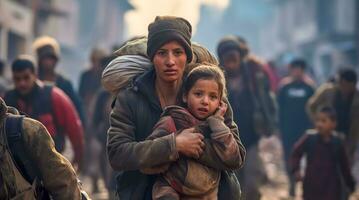 AI Generated poignant moment of a woman and child amidst a crowd of individuals fleeing a war-torn area, their expressions conveying urgency and the heavy toll of conflict photo