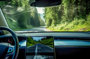 AI Generated Enjoying nature's tranquility on a drive through the countryside, courtesy of autonomous vehicle technology photo