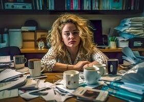 AI Generated  Overworked person with coffee cups and papers on a cluttered desk photo