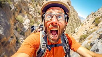 AI Generated climber with a helmet and glasses, expressing excitement or shock, with a rocky mountain landscape in the background photo