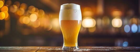 AI Generated close-up of a glass of beer, crowned with a frothy head, against the blurred warm lights of a bar, invoking a sense of relaxation and enjoyment photo
