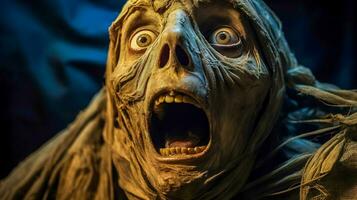 AI Generated mummy with a terrified expression, wide eyes, and an open mouth, set against a dark background, enhancing its eerie and dramatic appearance photo
