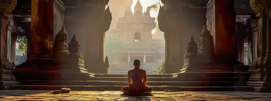 AI Generated spiritual scene within an ancient temple, showcasing a monk in deep meditation, bathed in the warm, tranquil light of sunrise filtering through the temple's ornate architecture. photo