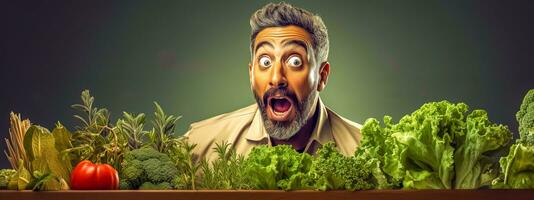 AI Generated  Gardener with an astonished expression surrounded by vegetables photo