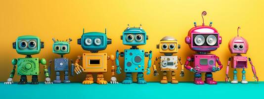 AI Generated A lineup of whimsical 3D robots in various colors standing against a vibrant yellow background, banner photo