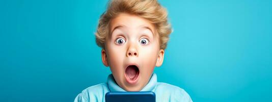 AI Generated the child is shocked by the message on the smartphone with a look of amazement on his face photo