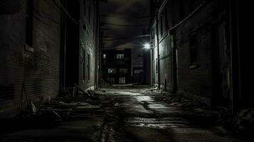 ai generado oscuro, abandonado callejón a noche, iluminado por un soltero gastos generales ligero ese yesos rígido oscuridad y crea un sentido de misterio y potencial presentimiento. foto