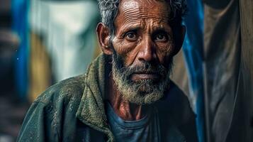 ai generado retrato de un mayor hombre con un cansado expresión en un urbano ajuste foto