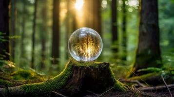 AI Generated transparent crystal ball resting on a mossy stump in a lush forest. The ball reflects and distorts the serene woodland scene, with sunlight filtering through the dense trees, enchanting photo