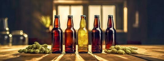 AI Generated line of craft beer bottles on a rustic wooden surface, warmly lit by sunlight, with fresh hops in the foreground, suggesting a selection of fine ales ready for tasting photo
