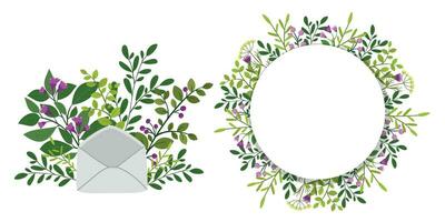 A set with envelope and flower frame on a white background. Flat illustration design. Vector illustration of an envelope with wildflowers inside.