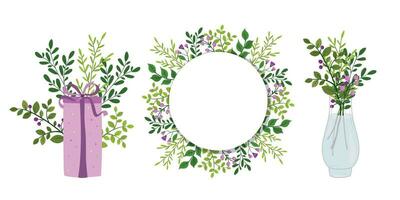 un conjunto de decorativo elementos con flores ramo de flores en un florero, marco y regalo caja aislado en un blanco antecedentes. vector ilustración en un plano estilo