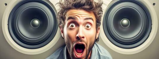 AI Generated person with an astonished expression between two large speaker, great sound banner photo