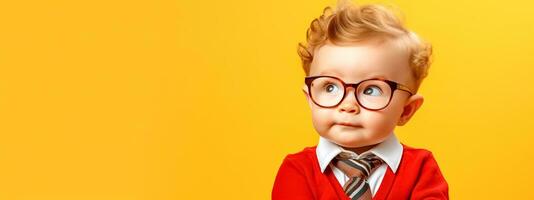 AI Generated smart kid with intelligent look in busines clothes, prodigy, yellow banner with copy space photo