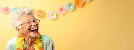 AI Generated joyful elderly woman with white hair, wearing colorful lei necklaces and stylish glasses, laughing heartily against a warm yellow background adorned with paper flowers photo