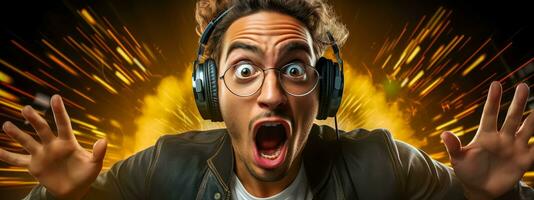 AI Generated DJ, with a expression of surprise or excitement. The person is wearing headphones and has a startled look, which suggests a dramatic reaction to music or an unexpected auditory experience photo