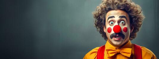 AI Generated clown with an astonished expression, wearing a yellow shirt with a red bow, against a neutral background, capturing a moment of surprise or comedic shock photo